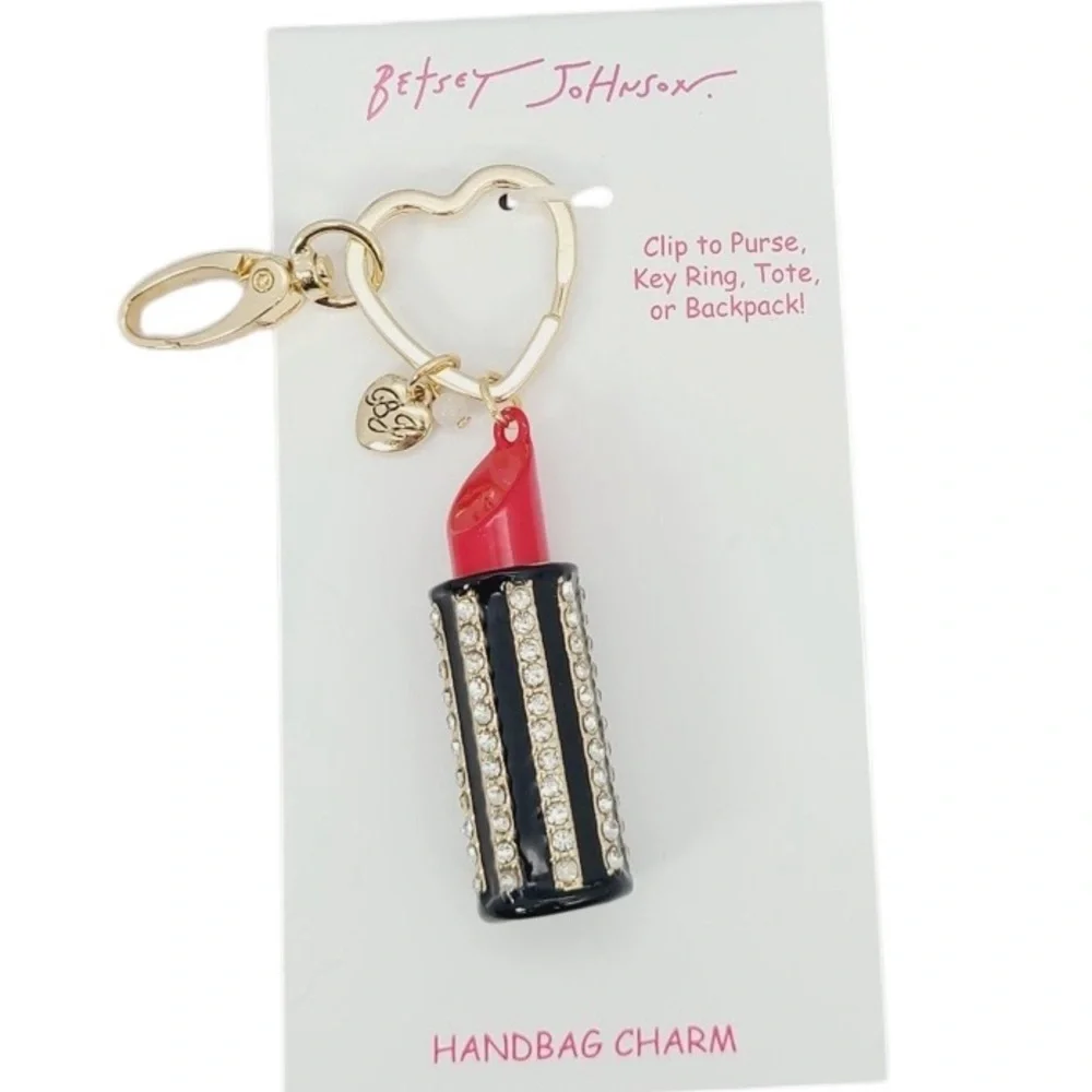 BETSEY JOHNSON Fire Engine Red Lipstick Crystal-Studded Bag Charm Keychain NWT